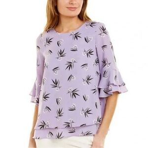 Anne Klein Lavender Floral Blouse with Ruffle Sleeves and Wrap Back Size M